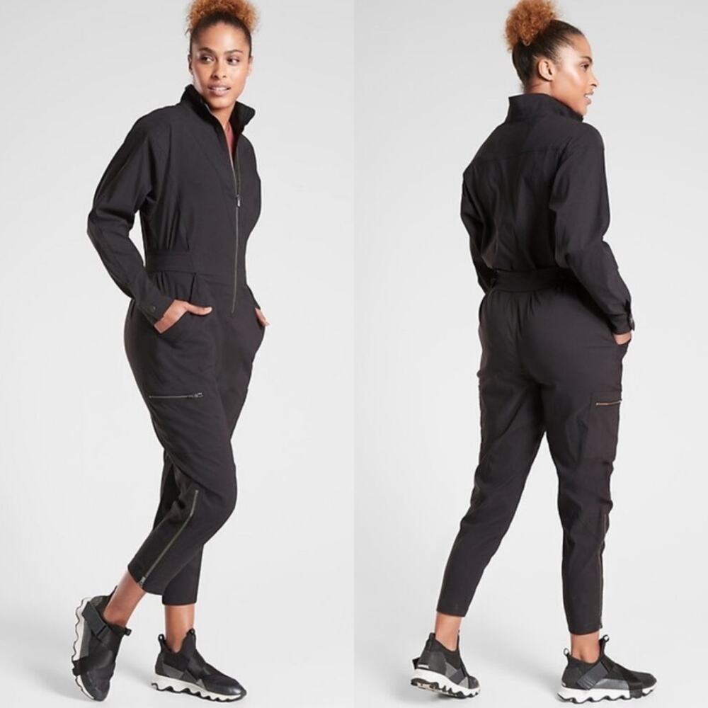 Athleta Lenox Jumpsuit Women 6 Black Utility Zip Stretch Travel Functional Sport
